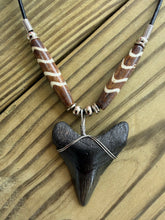 Load image into Gallery viewer, 1 15/16 Inch Megalodon Shark Tooth Necklace | Gray Charcoal | Diagonal Stripe Bone Beads
