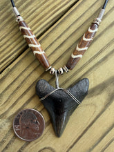 Load image into Gallery viewer, 1 15/16 Inch Megalodon Shark Tooth Necklace | Gray Charcoal | Diagonal Stripe Bone Beads
