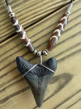 Load image into Gallery viewer, 1 15/16 Inch Megalodon Shark Tooth Necklace | Gray Charcoal | Diagonal Stripe Bone Beads
