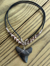 Load image into Gallery viewer, 1 13/16 Inch Megalodon Shark Tooth Necklace | Charcoal Gray | Wave Stripe Bone Beads
