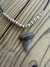 Load image into Gallery viewer, Fossil Mako Shark Tooth Necklace with Black and White Striped Bone Beads 1 3/8 Inch
