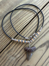 Load image into Gallery viewer, Fossil Mako Shark Tooth Necklace with Black and White Striped Bone Beads 1 3/8 Inch
