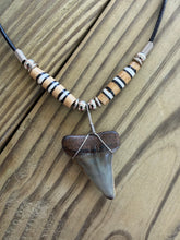 Load image into Gallery viewer, Fossil Mako Shark Tooth Necklace with Black and White Striped Bone Beads 1 3/8 Inch
