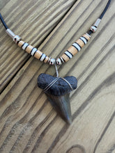 Load image into Gallery viewer, Large Dark Fossil Mako Shark Tooth Necklace with Banded Bone Beads 1 5/8 Inch
