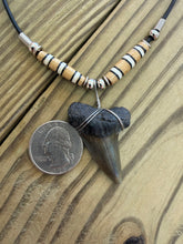 Load image into Gallery viewer, Large Dark Fossil Mako Shark Tooth Necklace with Banded Bone Beads 1 5/8 Inch

