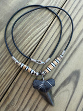 Load image into Gallery viewer, Large Dark Fossil Mako Shark Tooth Necklace with Banded Bone Beads 1 5/8 Inch
