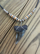 Load image into Gallery viewer, Large Dark Fossil Mako Shark Tooth Necklace with Banded Bone Beads 1 5/8 Inch

