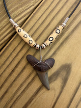 Load image into Gallery viewer, Fossil Mako Shark Tooth Necklace with Spotted Bone Beads 1 9/16 Inch
