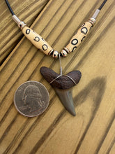 Load image into Gallery viewer, Fossil Mako Shark Tooth Necklace with Spotted Bone Beads 1 9/16 Inch
