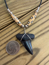 Load image into Gallery viewer, Jet Black Fossil Mako Shark Tooth Necklace with Spotted Bone Beads 5/8 Inch
