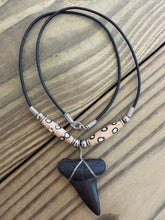 Load image into Gallery viewer, Jet Black Fossil Mako Shark Tooth Necklace with Spotted Bone Beads 5/8 Inch
