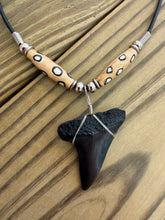 Load image into Gallery viewer, Jet Black Fossil Mako Shark Tooth Necklace with Spotted Bone Beads 5/8 Inch

