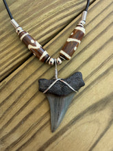 Load image into Gallery viewer, Charcoal Gray Fossil Mako Shark Tooth Necklace with Brown Bone Beads 3/4 Inch
