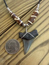 Load image into Gallery viewer, Charcoal Gray Fossil Mako Shark Tooth Necklace with Brown Bone Beads 3/4 Inch
