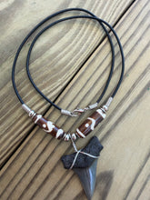 Load image into Gallery viewer, Charcoal Gray Fossil Mako Shark Tooth Necklace with Brown Bone Beads 3/4 Inch
