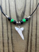 Load image into Gallery viewer, White Shark Tooth Necklace With 3 Bead Design Black and Lime Green
