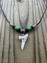 Load image into Gallery viewer, White Shark Tooth Necklace With 3 Bead Design Black and Lime Green
