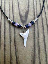 Load image into Gallery viewer, White Shark Tooth Necklace Dark Blue and Purple Beads
