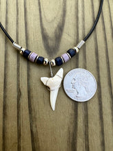 Load image into Gallery viewer, White Shark Tooth Necklace Dark Blue and Purple Beads

