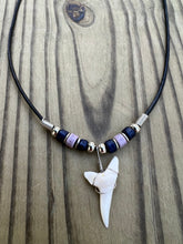 Load image into Gallery viewer, White Shark Tooth Necklace Dark Blue and Purple Beads
