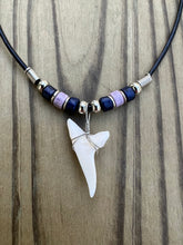 Load image into Gallery viewer, White Shark Tooth Necklace Dark Blue and Purple Beads
