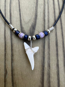 White Shark Tooth Necklace Dark Blue and Purple Beads