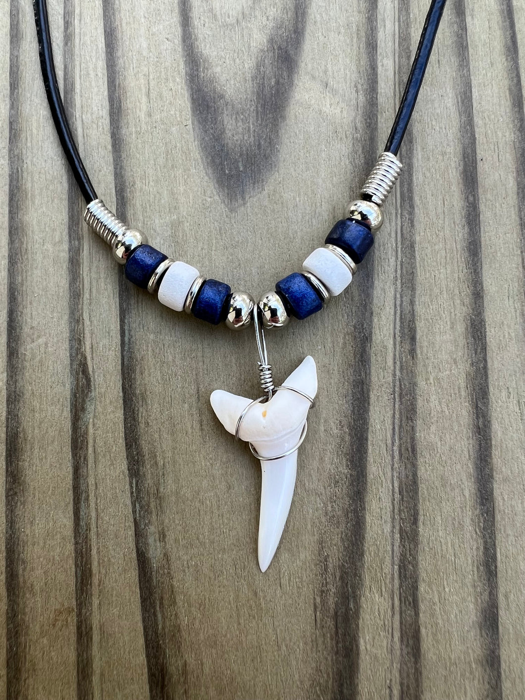 White Shark Tooth Necklace Dark Blue and White Beads