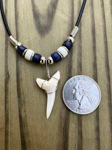 White Shark Tooth Necklace Dark Blue and White Beads