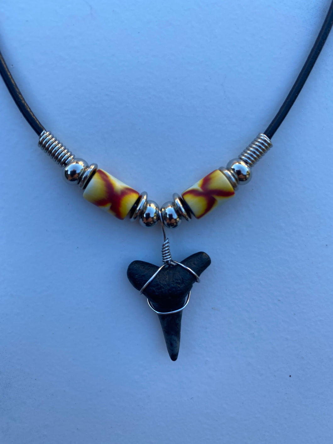 Shark Tooth Necklace Red and Yellow Femo Beads