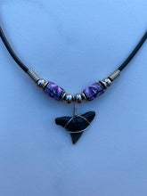 Load image into Gallery viewer, Shark Tooth Necklace Purple With Black Lines Femo Beads
