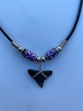 Load image into Gallery viewer, Shark Tooth Necklace Purple With Black Lines Femo Beads
