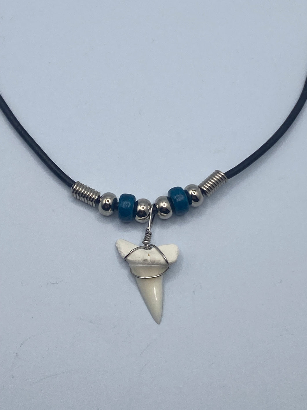 White Shark Tooth Necklace With Dark Blue Beads