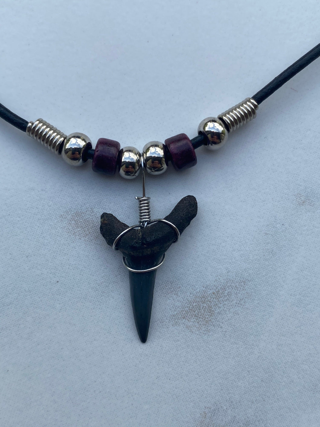 Sandshark Tooth Necklace With Purple Beads