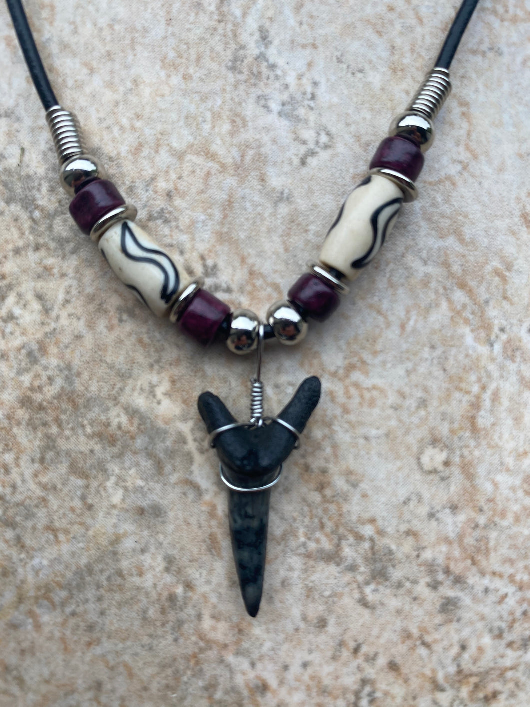 Sandshark Tooth Necklace S Shape Design With Purple Beads
