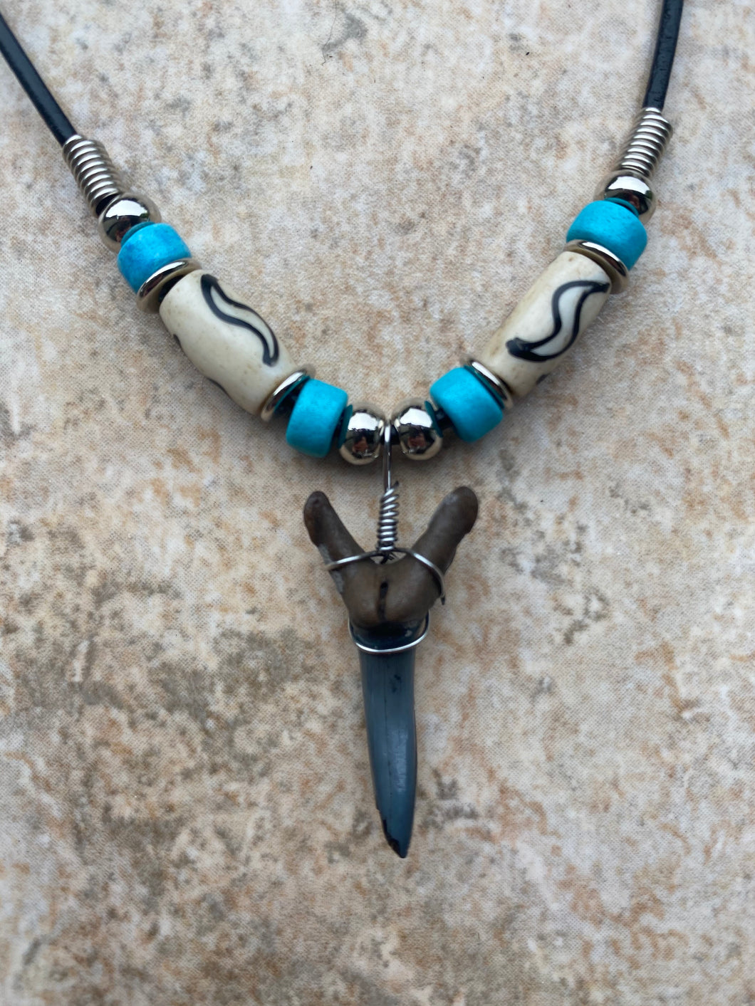 Sandshark Tooth Necklace S Shape Design With Turquoise Beads