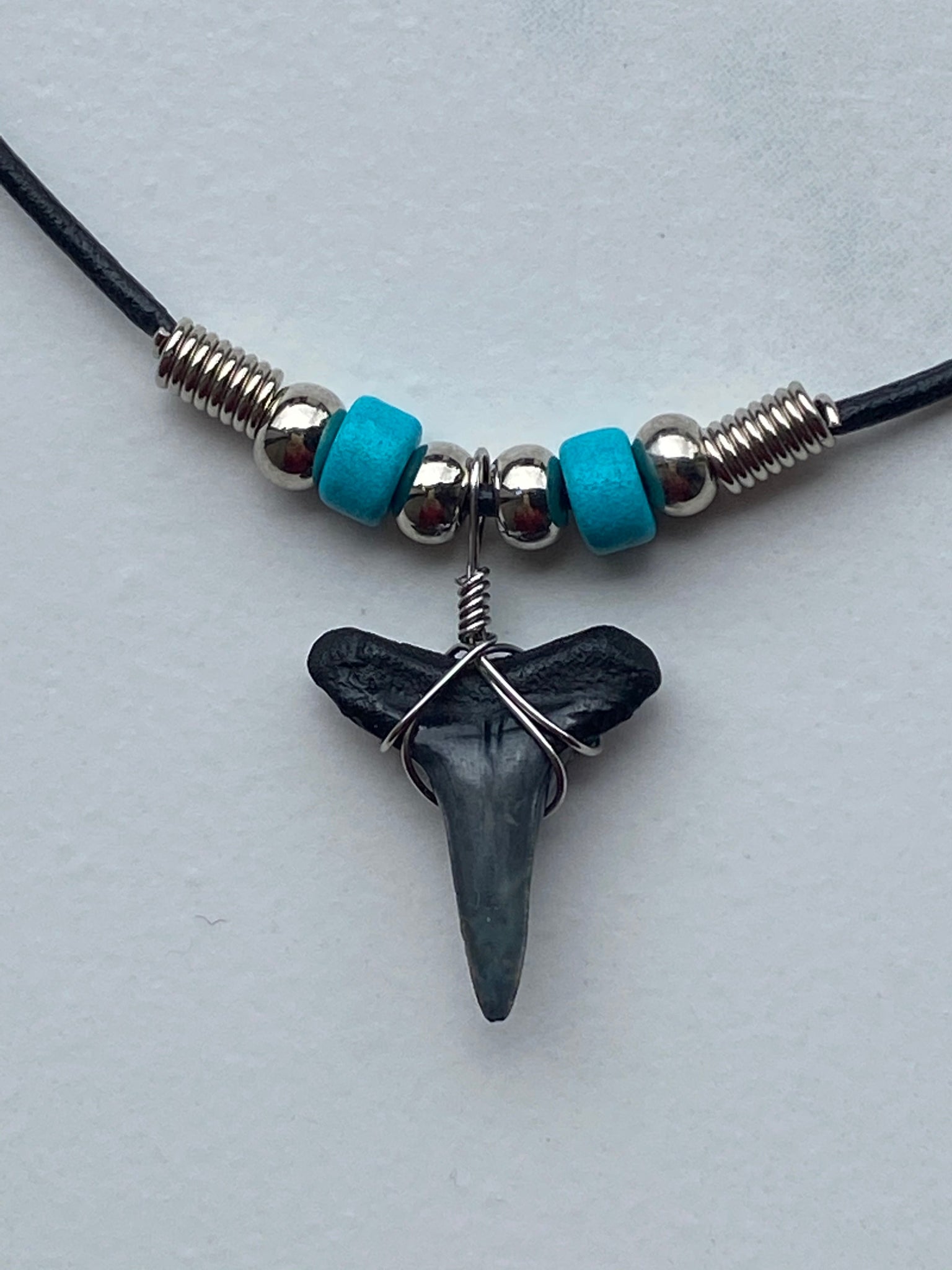 Imitation Resin Shark Tooth Pendant Necklace Wood Beaded Black Cord Ch