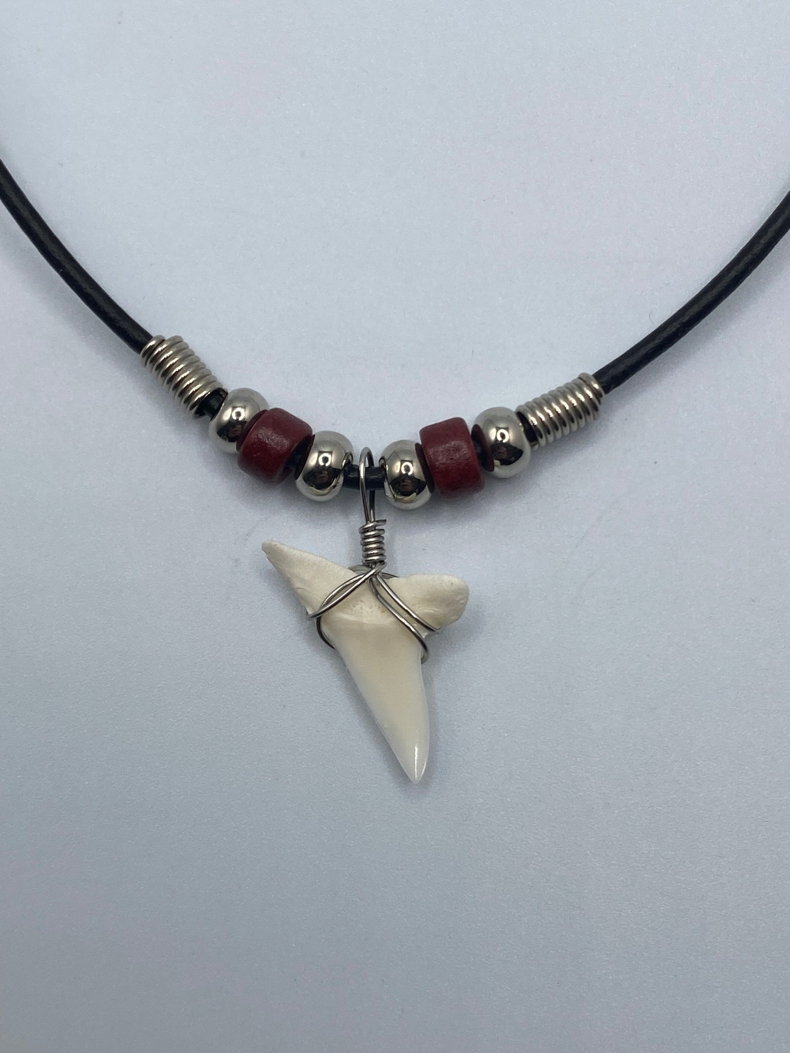 White Shark Tooth Necklace With Burgundy Beads – Real Shark Tooth Necklaces
