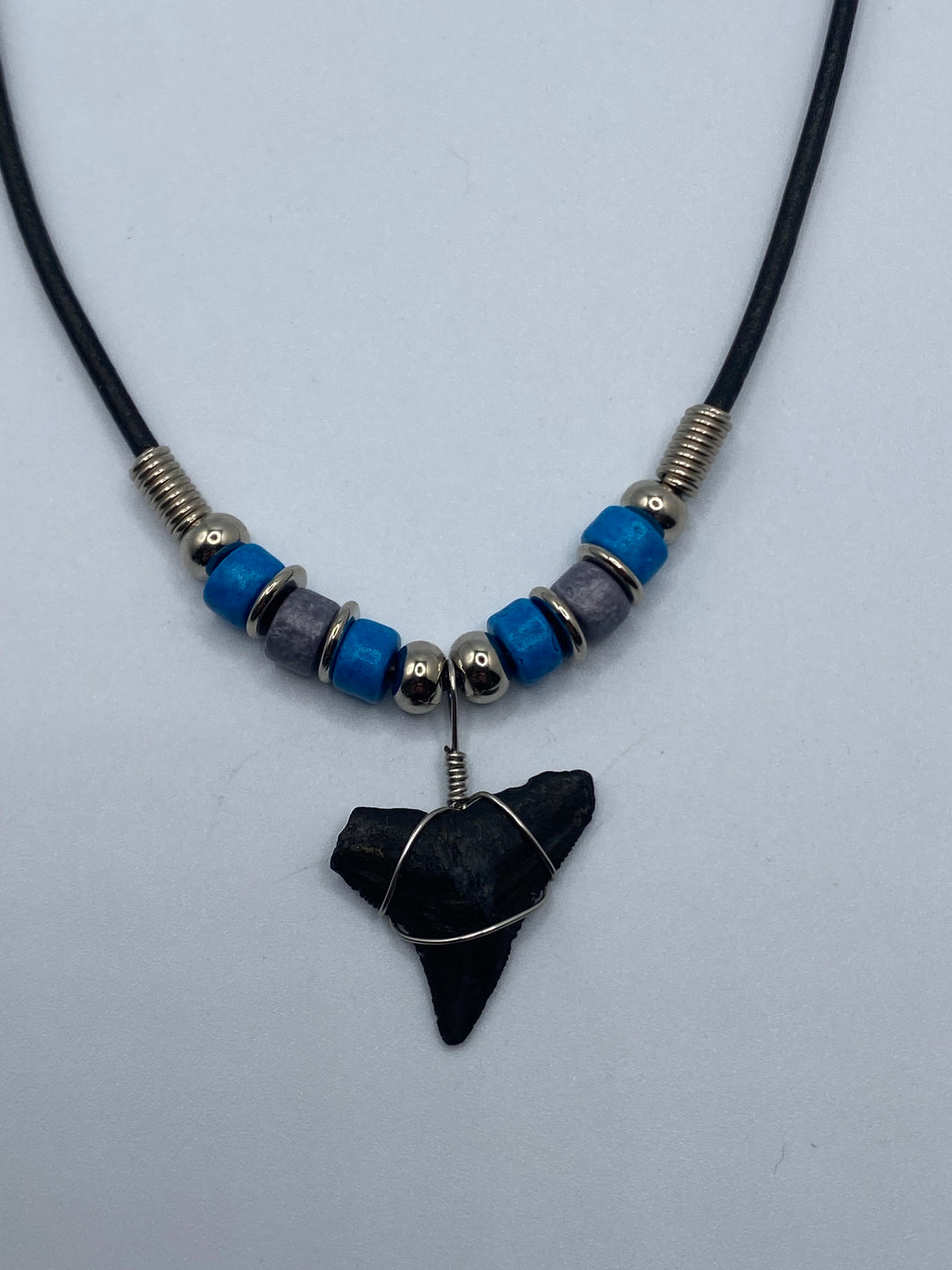 Shark Tooth Necklace With Blue & Gray Beads