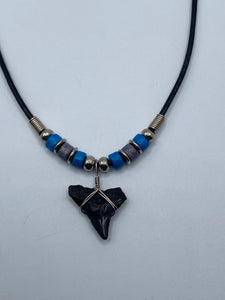 Shark Tooth Necklace With Blue & Gray Beads