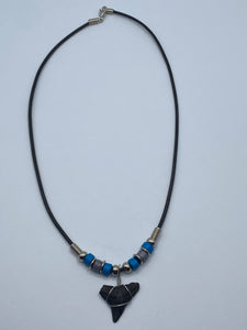 Shark Tooth Necklace With Blue & Gray Beads
