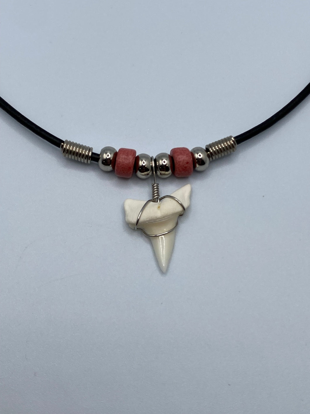 White Shark Tooth Necklace With Pink Beads