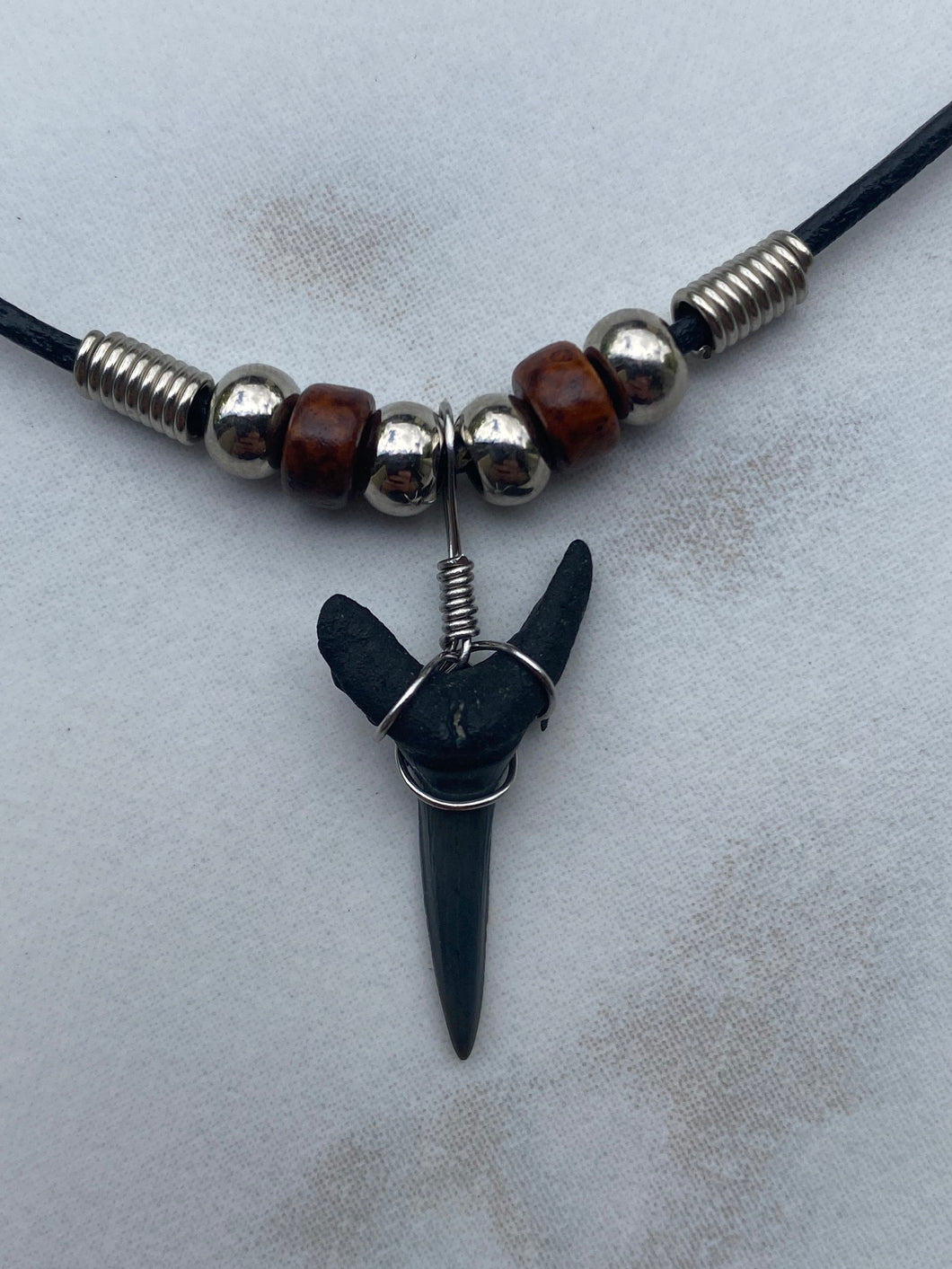 Sandshark Tooth Necklace With Brown Beads