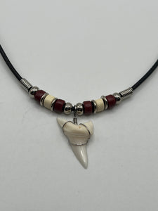 White Shark Tooth Necklace With 3 Bead Design Red and White