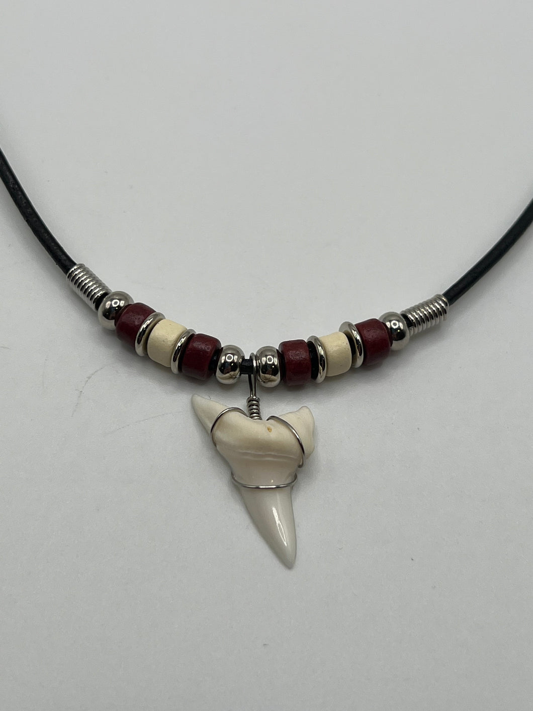 White Shark Tooth Necklace With 3 Bead Design Red and White