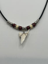 Load image into Gallery viewer, White Shark Tooth Necklace With 3 Bead Design Red and White
