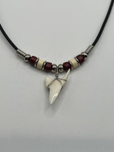 White Shark Tooth Necklace With 3 Bead Design Red and White