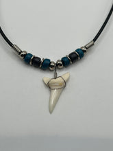 Load image into Gallery viewer, White Shark Tooth Necklace With 3 Bead Design Blue and Black
