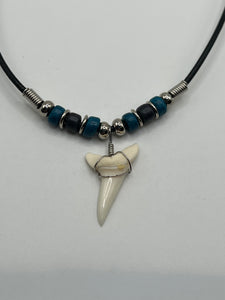 White Shark Tooth Necklace With 3 Bead Design Blue and Black