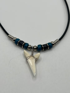 White Shark Tooth Necklace With 3 Bead Design Blue and Black