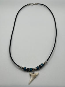 White Shark Tooth Necklace With 3 Bead Design Blue and Black